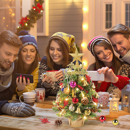Tabletop Christmas Tree 21.65 Inch Mini Artificial Christmas Tree with 20 LED String Lights, Star Tree, Pine Cones Ornaments, Small Xmas Tree for Holiday Indoor DIY Christmas Decor