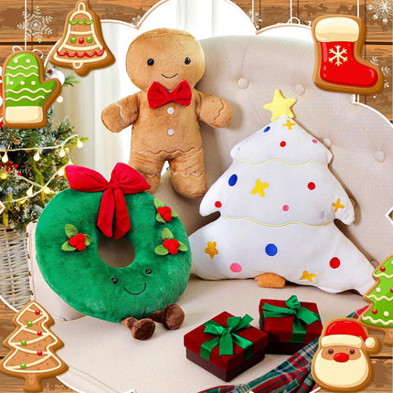 3 Pcs Christmas Throw Pillow Set Plush Gingerbread Men Pillow 18 Inch Christmas Tree Stuffed Pillows Soft Cute Xmas Wreath Pillow for Christmas Party Cushion Decoration
