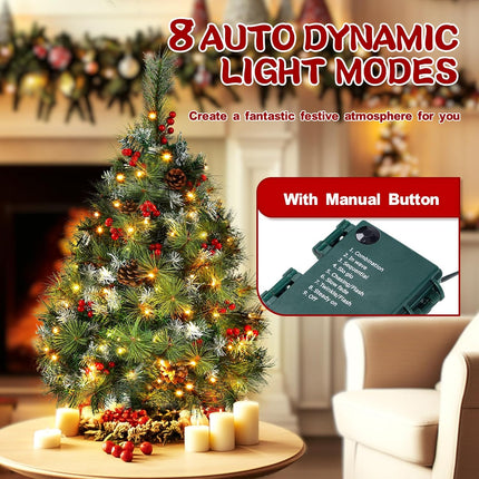 3FT Christmas Tree - Flocked Xmas Tree with 70 LED Lights & 8 Modes, Lifelike Pine Branches, Decorated with 10 Red Berries & 10 Pine Cones, Small Tabletop Christmas Tree for Home Apartment Office Dorm