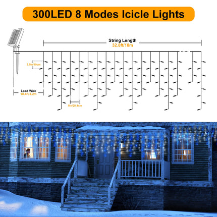 300 LED Solar Icicle Lights Outdoor with Remote Control, 33ft 8 Modes Curtain String Lights with 50 Drops, Christmas Holiday Wedding Party Decorations, Blue+White