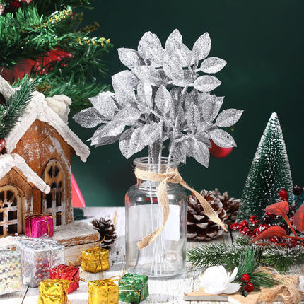 Chuangdi 30 Pcs Christmas Glitter Picks 12 Inch Artificial Xmas Tree Sprigs and Twigs Glitter Spray Christmas Trees Leaves Plastic Xmas Decoration Fake Bunch Stem for DIY Garland Wreath(Silver)