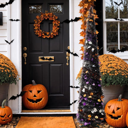 2 Pack 5ft Black Tinsel Halloween Christmas Tree, Pop Up Artificial Pencil Tree Indoor Home Outdoor Party Decorations