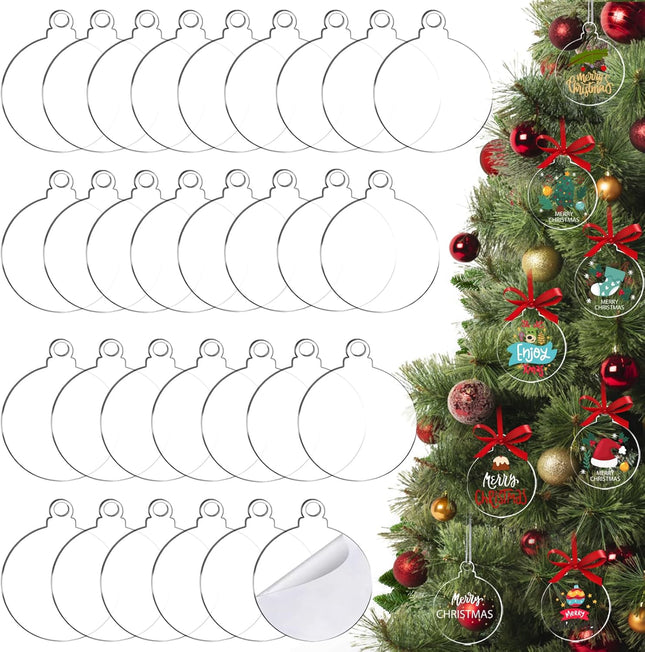 50 Pack Christmas Tree Ornaments Blanks - 4 Inch Clear Round Acrylic Flat Disc Ornaments Blanks Christmas DIY Crafts Transparent Circle Discs for Christmas Winter Year Party Hanging Decorations