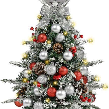 Tabletop Christmas Tree 24 Inch / 2 FT Mini Artificial Christmas Tree with 40 LED Lights, Battery Operated Small Xmas Tree for Indoor Tabletop or Desktop Decoration (Red and Silver Ornament Tree)