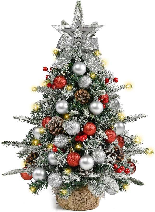 Tabletop Christmas Tree 24 Inch / 2 FT Mini Artificial Christmas Tree with 40 LED Lights, Battery Operated Small Xmas Tree for Indoor Tabletop or Desktop Decoration (Red and Silver Ornament Tree)
