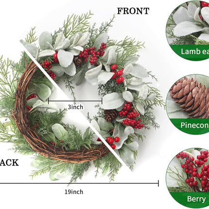 19'' Christmas Wreaths for Front Door, Aesthete Lambs Ear Wreath with Red Berries Pinecone Decor for Indoor Outdoor Christmas Year