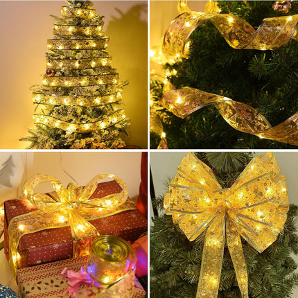 Dailyart Christmas Tree Ribbon String Lights 78Ft 200 LED Fairy Lights with Remote Ribbon Bows Lights with Battery Operated & USB Powered Christmas Ribbon Lights with Timer for Xmas Tree Decor (Gold)