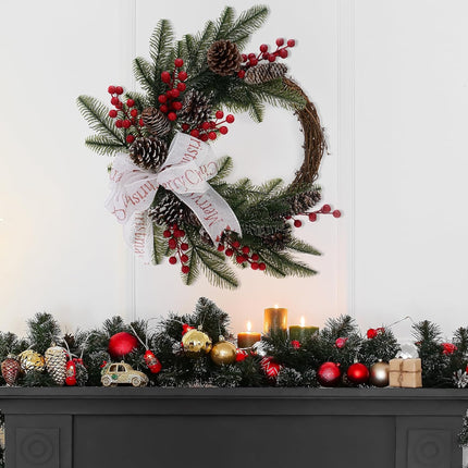 Cedar Christmas Wreaths with Red Berry - 15 Inch Winter Norfolk Pine Wreath with Bow, Pine Cones, Grapevine for Xmas Holiday Home Front Door Indoor Wall Decorations