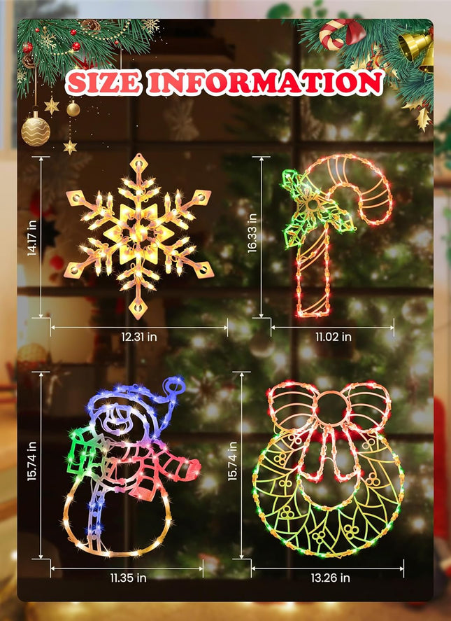 4 Pack Christmas Window Silhouette Lights Decorations, Lighted Wreath, Candy Cane, Snowflakes, and Snow Man Christmas Window Light Decorations for Holiday Indoor Outdoor Wall Door Glass Decorations
