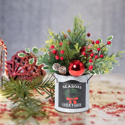 Artificial Christmas Tabletop Decorations - 14.2 Inch Small Christmas Centerpiece Potted Tree Artificial Plants with Sturdy Stand and Pine Cones and Red Berries Decoraction