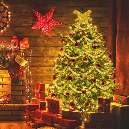 Ouddy Life 32ft Christmas Ribbon Fairy Lights, 100 LED Lights Gold Ribbon for Christmas Tree Wired Double Layer Mesh, Outdoor Indoor Year Holiday Christmas Tree Decorations Wrapping Xmas Garland