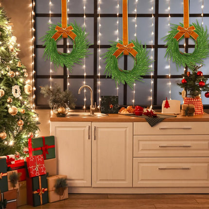 Dingion 8 Pcs Christmas Norfolk Pine Wreath Decoration Mini Christmas Kitchen Cabinet Wreaths with Brown Bow Ribbon Small Farmhouse Wreath Artificial Hanging Garlands for Xmas Porch Wall Window Decor