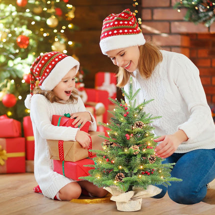 Kadunmina 2ft Prelit Table Top Christmas Tree,Mini Artificial Christmas Tree with 50 Lights&177 Tips&5 Berries&5 Pinecones,Small Tabletop Xmas Tree with Burlap Base for Christmas Table Decor,8 Modes