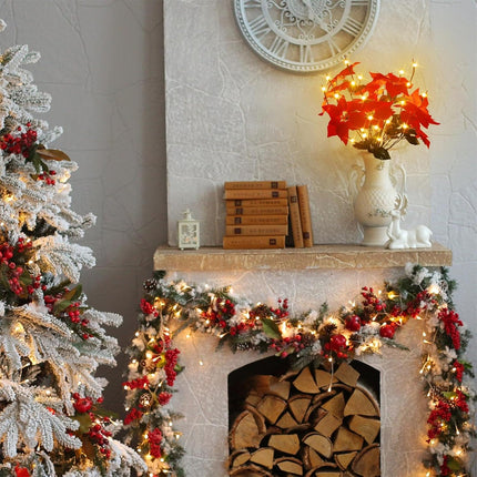 Christmas Decorations Set for Home Indoor Outdoor, Christmas Artificial Red Poinsettia Flowers Bouquet with Lighted Tree Twig Branches Light, Battery Operated with Timer, Decorative Sticks Vase Filler