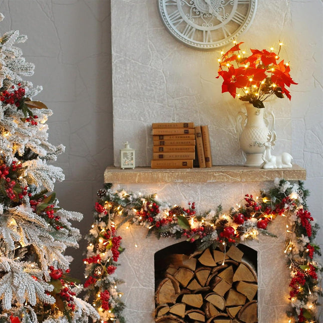 Christmas Decorations Set for Home Indoor Outdoor, Christmas Artificial Red Poinsettia Flowers Bouquet with Lighted Tree Twig Branches Light, Battery Operated with Timer, Decorative Sticks Vase Filler