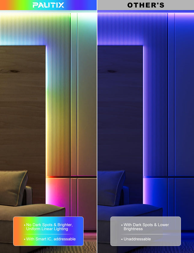 PAUTIX RGB Smart IC COB LED Strip Light Color Chasing,5V USB UL-Listed Multicolor Flexible Tape Light 6.56ft/2m with Music Mode/APP Control,for TV,Bedroom,Party DIY Decoration