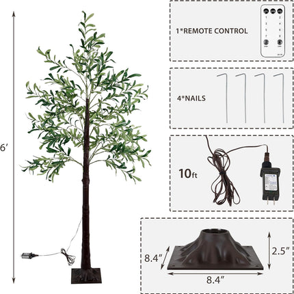 KOL 6FT Artificial Olive Tree with 300 Warm White LED Lights, Indoor Outdoor, Waterproof, 8 Flash Modes, 4 Brightness Adjustments, Timing Function, Easy Assembly, Satisfied Service