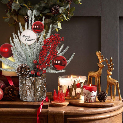 13.7Inch Small Christmas Tree Mini Tabletop Christmas Tree Decorations Artificial Potted Christmas Tree with Red Berry Ball Pinecone for Home Party Holiday Christmas Decor Indoor