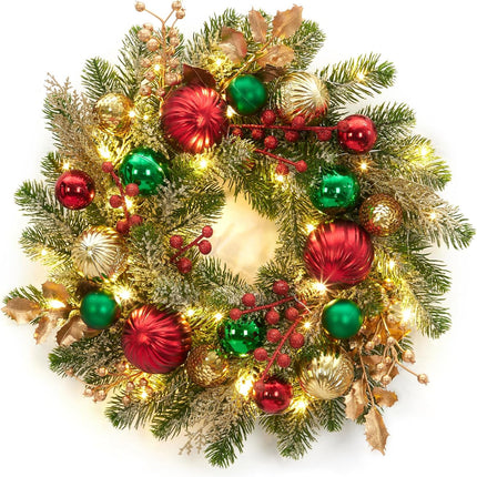 Adeeing 16" Christmas Wreath for Front Door, Lighted Christmas Wreath with 30 LED Lights Timer Red Green Gold Xmas Balls, Battery Operated Snow Flocked Winter Wreath for Fireplace Window Outdoor Decor