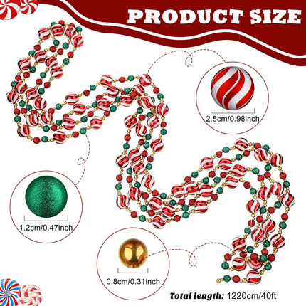 Crowye 40 ft Christmas Tree Garland Plastic Candy Bead Peppermint Ball Christmas Garland Candy Cane Christmas Decorations Christmas Beaded Garland for Xmas Party Fireplace Home Decor (Xmas Ball)
