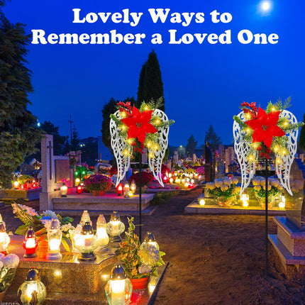 2 Pack Christmas Outdoor Decorations Solar Stake Lights, Led Angel Wings Metal Stakes with Big Poinsettia Flower, Grave Decorations Lighted Pathway Lights for Lawn Garden Cemetery Decorations