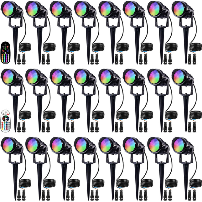 SUNVIE 24 Pack RGBW Low Voltage Landscape Lights, 12W LED Color Changing Landscape Lighting with Remote Control and Wire Connectors, AC/DC 12V-24V Waterproof Outdoor Spotlight for Yard Garden Pathway