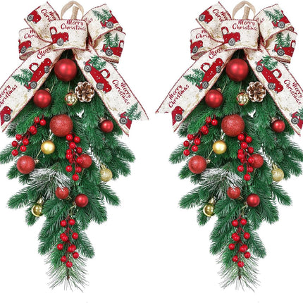 HiiARug 2Pack Artificial Christmas Swags, 24" Teardrop Christmas Decorative Swag with Berries, Pinecones, Winter Pine and Cypress Leaf Swag for Indoor Outdoor Window Wall Fireplace Holiday Xmas Decor