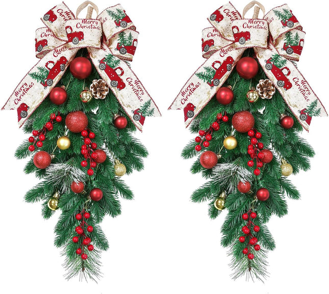 HiiARug 2Pack Artificial Christmas Swags, 24" Teardrop Christmas Decorative Swag with Berries, Pinecones, Winter Pine and Cypress Leaf Swag for Indoor Outdoor Window Wall Fireplace Holiday Xmas Decor