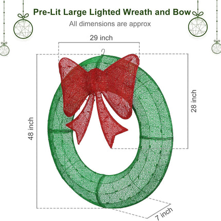 Lighted Christmas Wreaths, 48’’ Handmade Classic Christmas Wreaths with 50 Red and 120 Warm White LED Lights for The Outdoor Christmas Decoration-Green