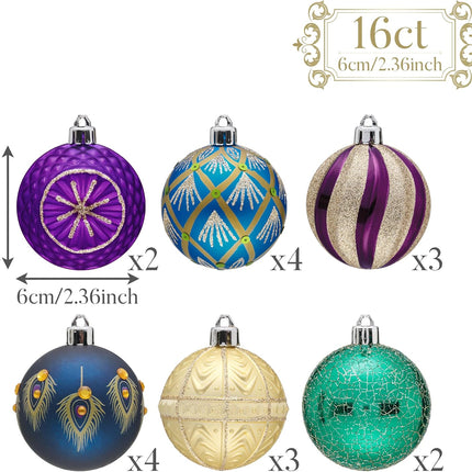 Valery Madelyn Christmas Ball Ornaments, 16ct Peacock Blue Purple Green Shatterproof Christmas Tree Decorations Set, 2.36 Inch Decorative Hanging Ornament Bulk for Xmas Holiday Party Decor