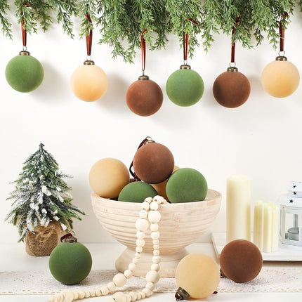 Liliful 15 Pcs Velvet Christmas Balls Bulk Flocked Christmas Tree Ball Ornaments Plastic Balls Xmas Decorative Hanging Ornaments Christmas Tree Decoration (Brown, Green, Beige,3.15 Inch)