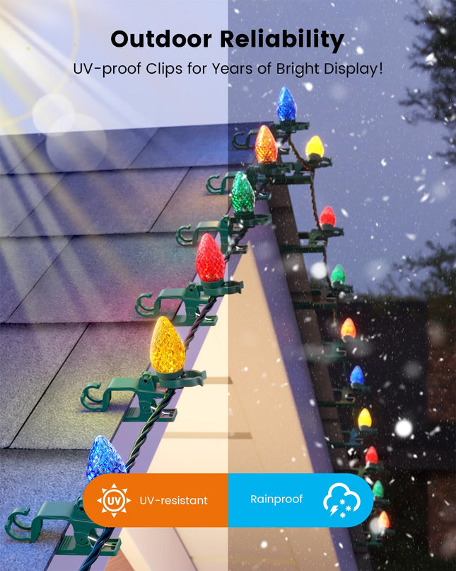 SURAIELEC Roof Christmas Lights, 67 FT 100 LED C9 Christmas Lights with 100 Spring Clips, Multi-Color Clip String Lights for Gutters, Shingles, Roofline, House Holiday Decor, Waterproof, UL Listed