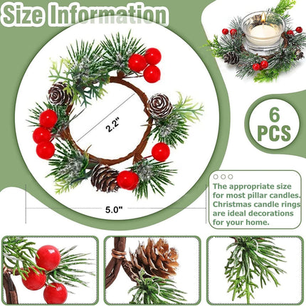 6 Pieces Christmas Candle Ring Artificial Red Berry Candle Ring with Pine Cones Christmas Candle Garland Candle Holder Ring Mini Candle Wreath Rings for Christmas Home Dining Table Centerpieces Decor