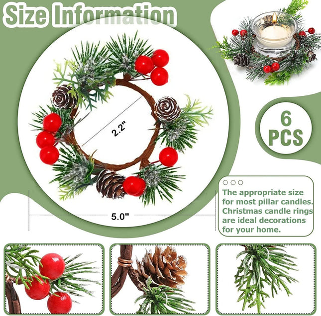 6 Pieces Christmas Candle Ring Artificial Red Berry Candle Ring with Pine Cones Christmas Candle Garland Candle Holder Ring Mini Candle Wreath Rings for Christmas Home Dining Table Centerpieces Decor