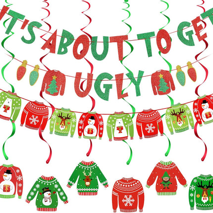 Red Green Its about to Get Ugly Banner and Ugly Sweater Garland Ugly Christmas Sweater Party Banner for Ugly Sweater Party Decorations, Ugly Christmas Sweater Party Supplies