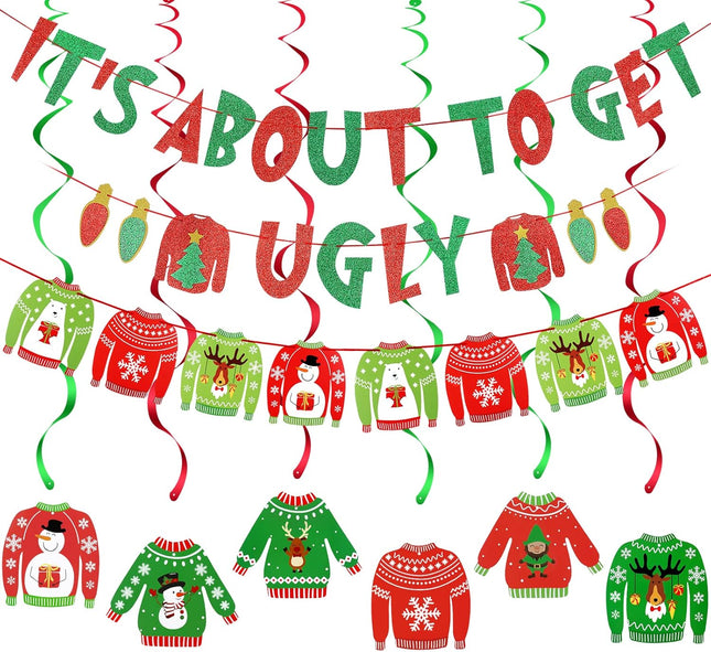 Red Green Its about to Get Ugly Banner and Ugly Sweater Garland Ugly Christmas Sweater Party Banner for Ugly Sweater Party Decorations, Ugly Christmas Sweater Party Supplies