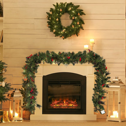 9'X10 Christmas Rattan with 50 Warm White Time Control Light for Stairs Fireplace Christmas Garland Decorations with Holiday Greenery Wreath Artificial Rattan