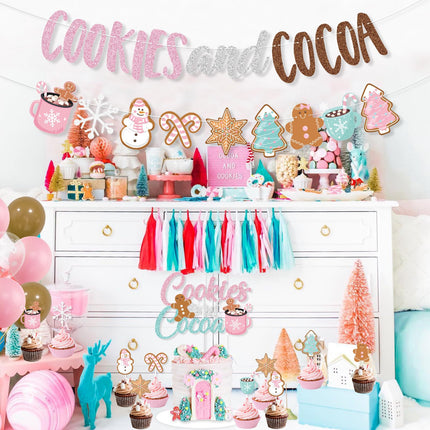 Cookies and Cocoa Party Decorations, Pink Cookies and Cocoa Banner Christmas Gingerbread Man Banner Cake Topper Balloons for Christmas Hot Cocoa Bar Supplies Christmas Birthday Party Decorations