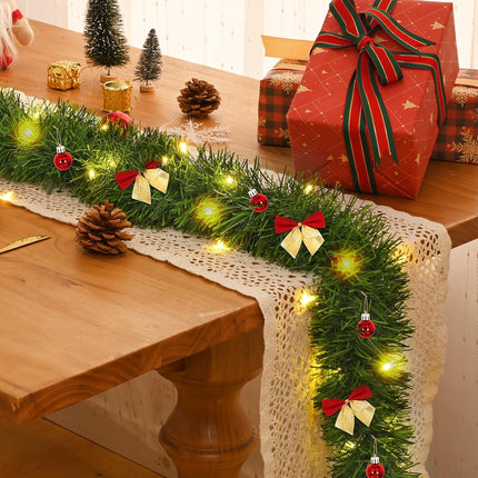 Christmas Garland Decorations-14.7 FT Christmas Green Garland with Lights, Fluffy Soft Greenery Lighted Christmas Garland for Mantle, Christmas Tree Garland Decor with Christmas Bows Balls
