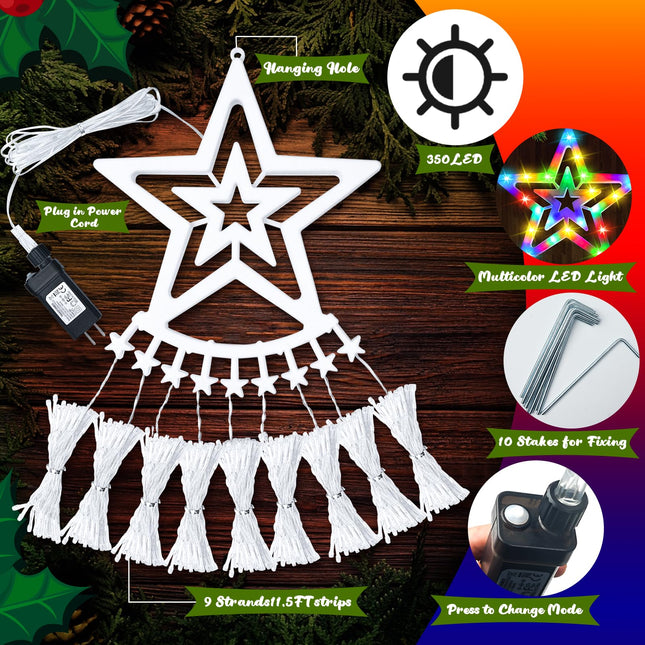 Outdoor Christmas Lights for House, 350LED Colorful Christmas Decorations, 12.5ft Christmas Waterfall Lights, 8 Modes Waterproof Christmas Lights Outdoor with Star Tree Topper Light for Yard Tree