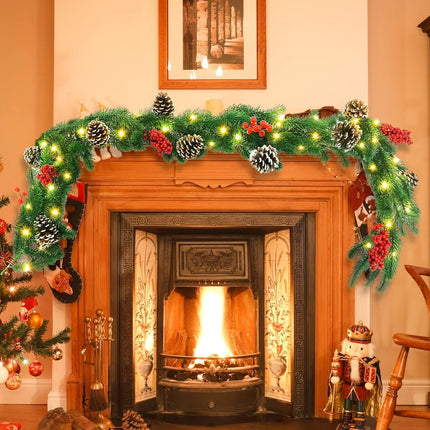 6FT Christmas Garland with Lights, Garland Christmas Decorations Artificial Prelit Christmas Garland with Timer Pine Cones Berries Outdoor Xmas Garland for Mantle Stairs Railing Fireplaces