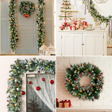Brightown Christmas Garland with Lights, 9ft 100LED Battery Operated Garland Decorated with Pine Cones, Berry, 8 Light Modes & Timer, Indoor & Outdoor Christmas Lights for Stairs Fireplace Door Fences