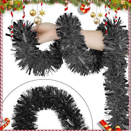 33 Feet Black Christmas Tinsel Garland, Christmas Metallic Hanging Tinsel Garland for Halloween Xmas Tree Home and Party Decoration