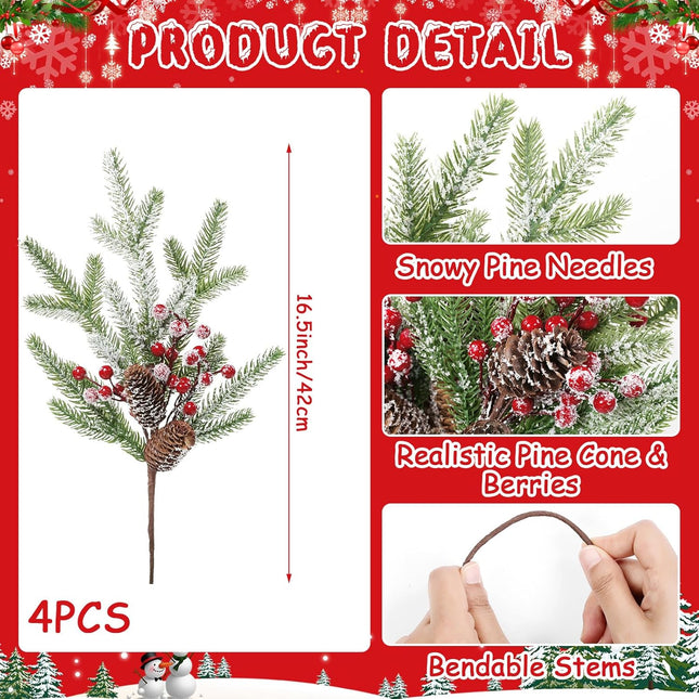 Topotdor 4 Pack Christmas Floral Pine Picks Artificial Red Berry Stems 16.5" Snowy Christmas Pine Branches w/Pinecones for Xmas Tree Floral Arrangement DIY Craft Holiday Table Centerpieces