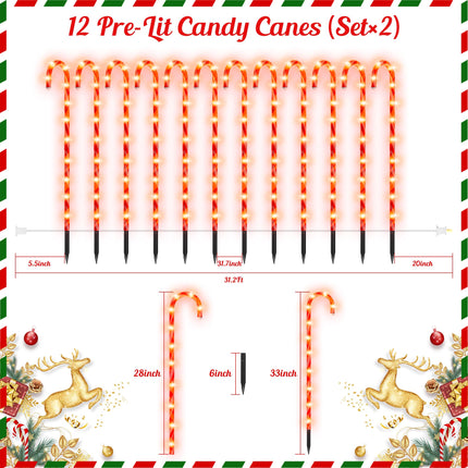 COOLWUFAN 24 Pack Christmas Candy Cane Lights, 33'' Light Up Candy Cane Decoration Outdoor Yard, Waterproof Christmas Decor Pathway Lights