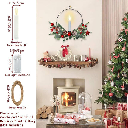 Weldomcor 2Pack Christmas Wreath with LED Taper Candle Lights Pine Cones Berries, Artificial Plant Hoop Wreath Winter Xmas Decorations for Front Door Window Fireplace Home Wall Hanging Holiday Party