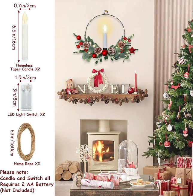 Weldomcor 2Pack Christmas Wreath with LED Taper Candle Lights Pine Cones Berries, Artificial Plant Hoop Wreath Winter Xmas Decorations for Front Door Window Fireplace Home Wall Hanging Holiday Party