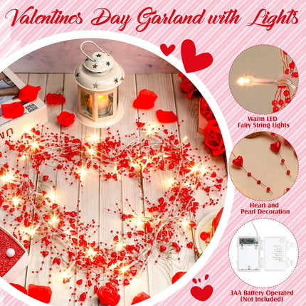Christmas Decor 13ft 40 LED Heart String Lights Christmas Garland with Hearts and Beads Battery Operated Romantic Christmas Light Decoration for Tree Party Wedding(Red)