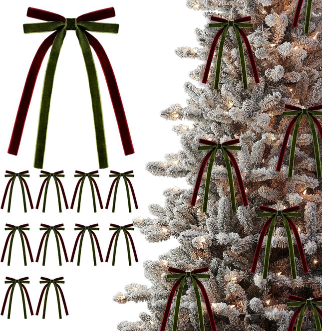 10Pcs Christmas Bows Decorations,5.9x4'' Two Tone Velvet Bow Christmas Wreath Bow for Christmas Tree Wreath Garland Wrapping Wedding Party Décor (Wine red Olive Green)