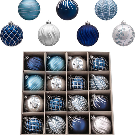 Valery Madelyn Christmas Ornaments Set, 16ct Navy Blue and Silver Shatterproof Fall Christmas Tree Decorations Ball Ornaments Bulk, 3.15 Inches Elegant Hanging Ornaments for Xmas Trees Decor